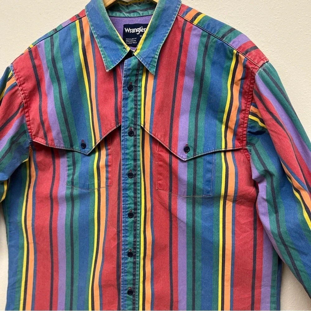 Vintage Wrangler Brushpopper Shirt Western Stripe Rodeo Cowboy- Size 18 Neck - Picture 12 of 12